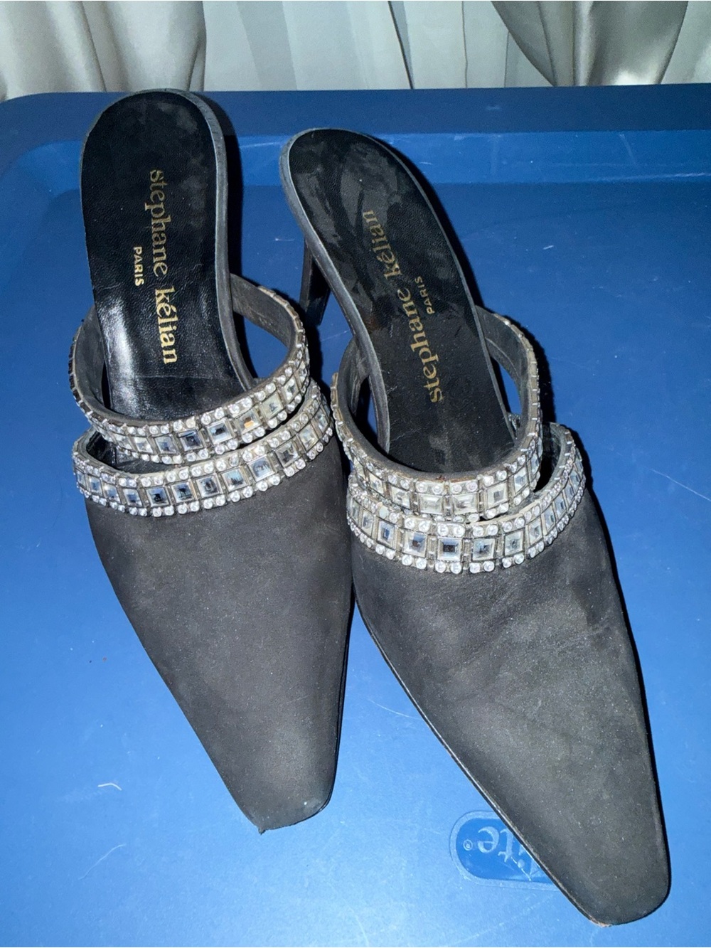 Stephane Kelian Black Suede Pointed Toe Crystal-Trim Mules